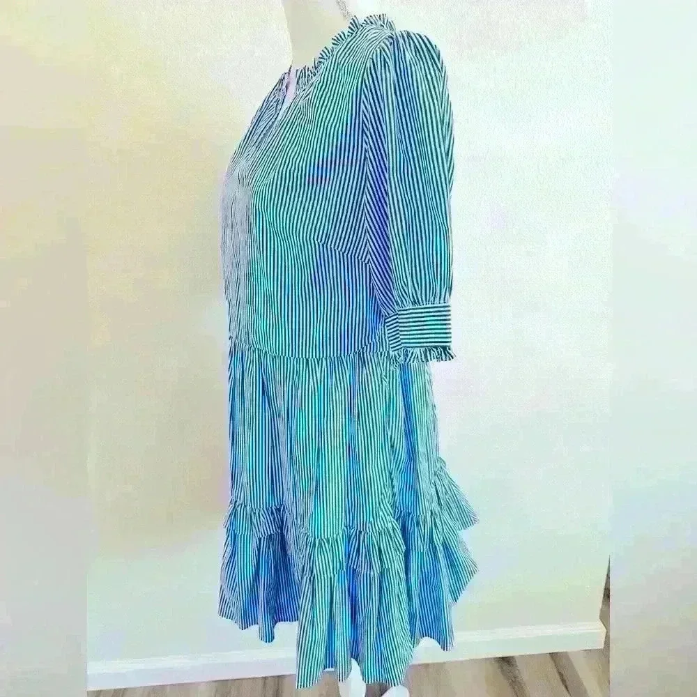 J. Crew Stripe Ruffleneck Tiered Popover Dress Size Medium Petite